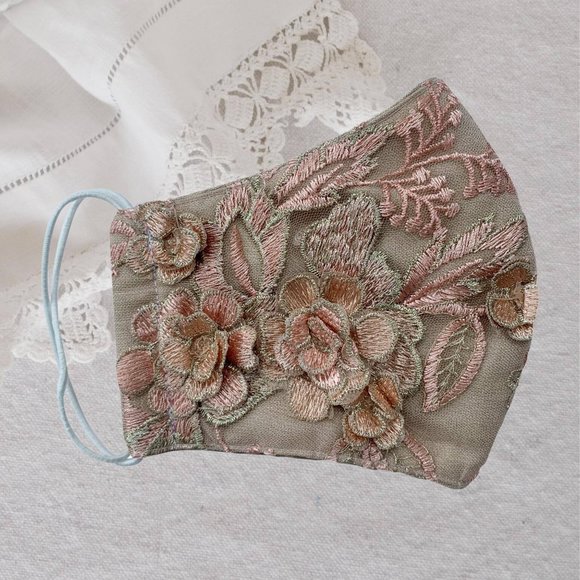 2 Beige and Rose Lace Linen Face mask, Art face mask - Picture 3 of 5